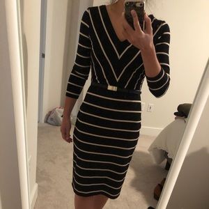WHBM Printed Black and Tan Belted Dress